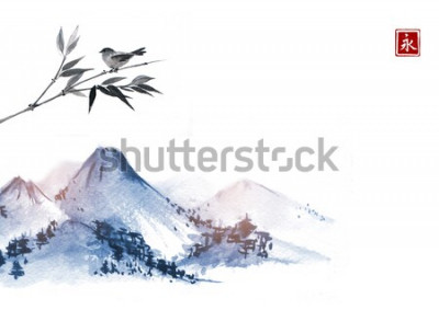 Sticker Berge und ein kleiner Vogel auf einem Bambuszweig. Hieroglyphe - Ewigkeit. Traditionelle orientalische Tuschemalerei sumi-e, u-sin, go-hua