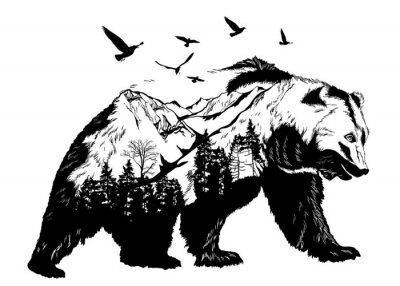 Sticker Berglandschaft in der Zeichnung eines Bären eingeschrieben