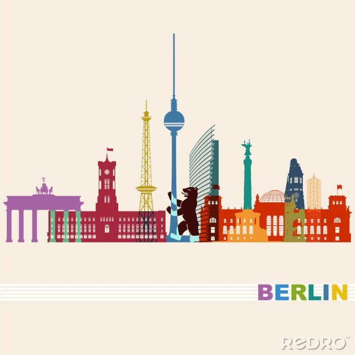 Sticker Berlin Stadtansicht buntes Panorama mit Aussichtwürdigkeiten und wichtiger Bauten