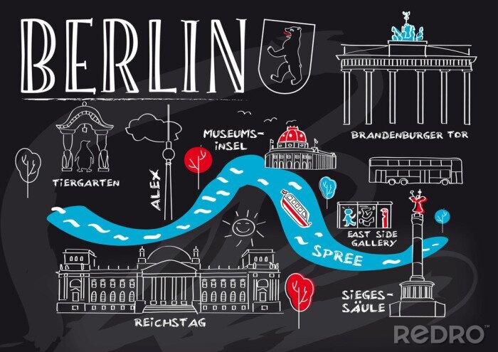 Sticker Berlin, Wahrzeichen und Sehenswürdigkeiten auf Tafel gezeichnet
