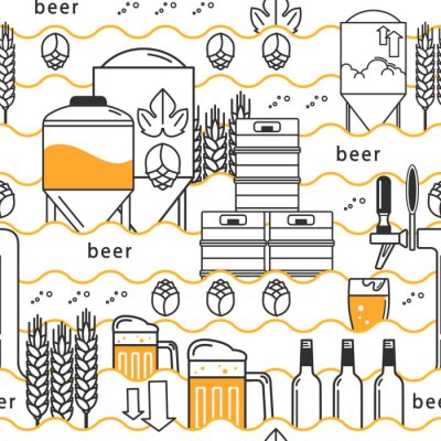 Bierhahn, Becher, Glas mit Bier, Fässer, Flaschen, Ausrüstung für Brauerei, Hopfen, Weizen. Lineare nahtlose Muster auf weißem Hintergrund. Vektor-Illustration.