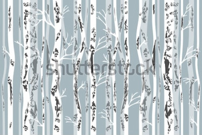 Sticker Birkenhain im Herbst. Nahtloses Vektormuster mit Bäumen und Vögeln. Retro Textilkollektion