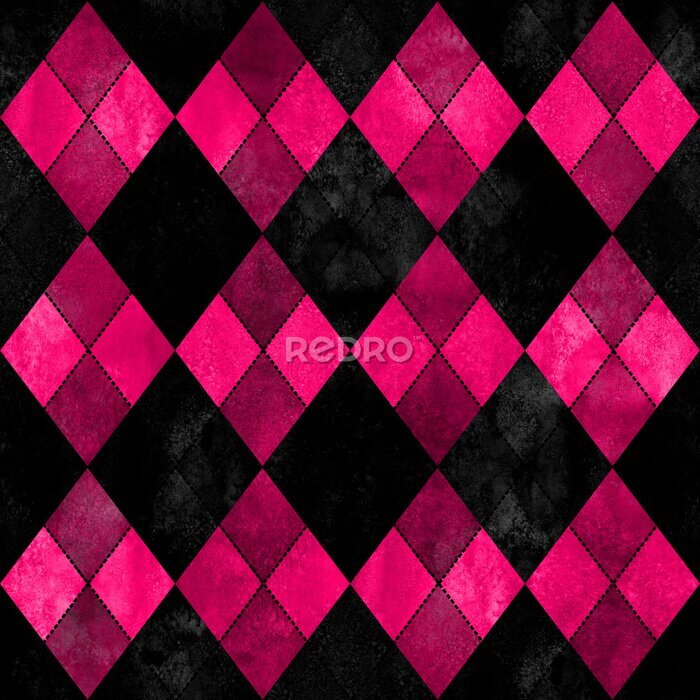 Sticker Black and pink argyle seamless plaid pattern. Watercolor hand drawn texture background.