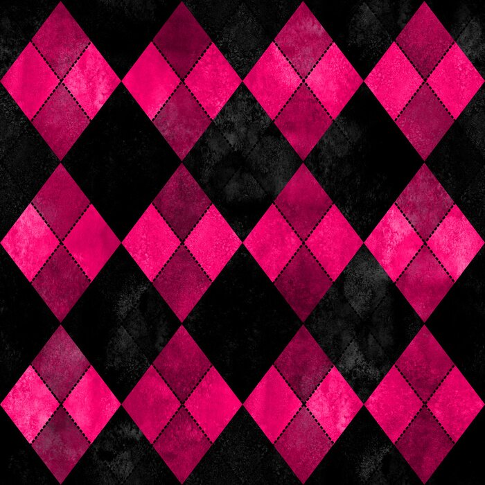 Sticker Black and pink argyle seamless plaid pattern. Watercolor hand drawn texture background.