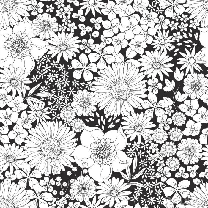 Sticker Black and white floral pattern with big and small flowers. Hand drawn vector illustration in vintage style.