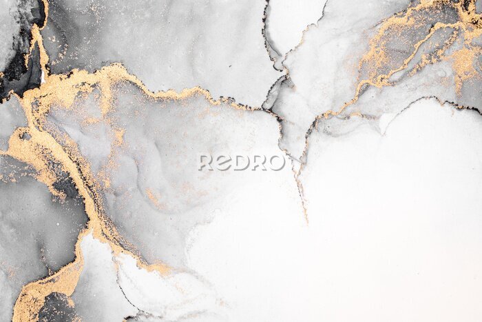 Sticker Black gold abstract background of marble liquid ink art painting on paper . Image of original artwork watercolor alcohol ink paint on high quality paper texture .