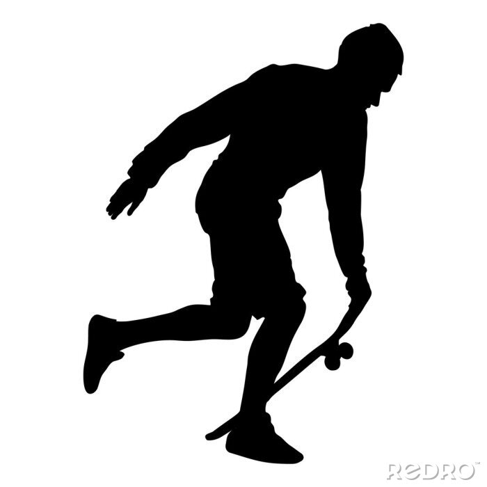 Sticker Black silhouette of skateboarder isolated on white background. The guy runs with the board. Skateboarder jumps on the board. skateboarding illustration.