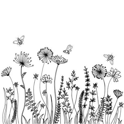 Sticker Black silhouettes of grass, spikes and herbs isolated on white background. Hand drawn sketch flowers and bees.