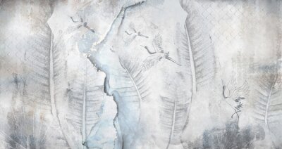 Blätter und Kraniche auf einer Betonwand