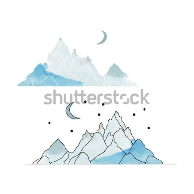 Sticker Blaue Berge. Landschaftszeichnung in einem Aquarellstil. Vektorillustration