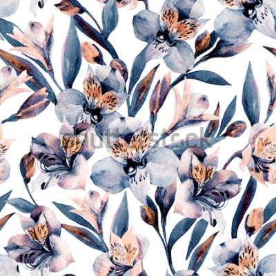 Sticker Blaue Blumen mit orangefarbenen Elementen