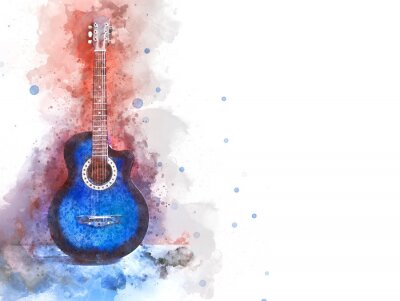 Blaue Gitarre, mit Wasserfarben bemaltes Instrument