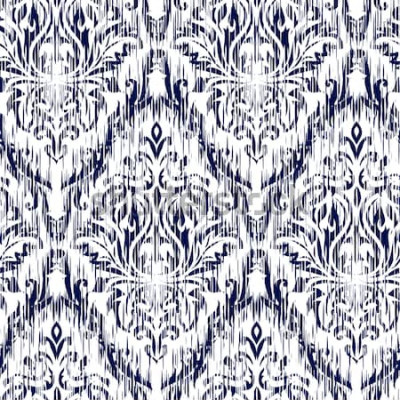Sticker Blaue Verzierung Ikat Ogee und Damaskus nahtloses Hintergrundmuster. Abstrakter Hintergrund für Textildesign, Tapete, Oberflächenbeschaffenheiten.