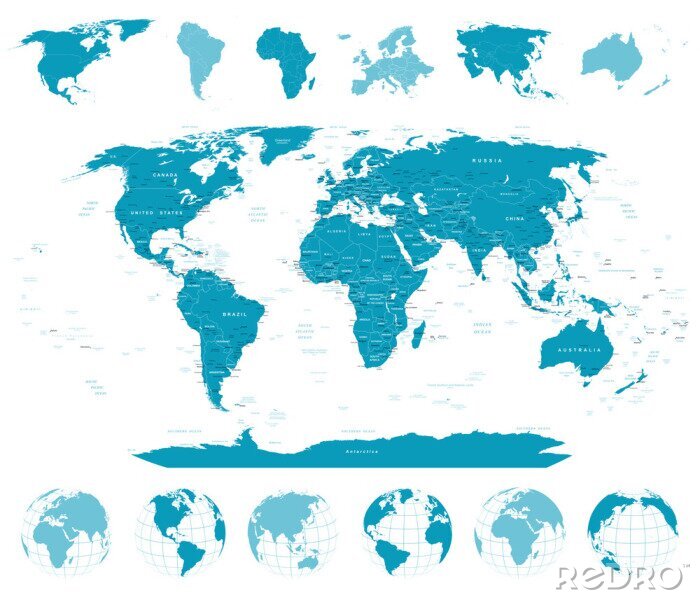 Sticker Blaue Weltkarte mit Globen