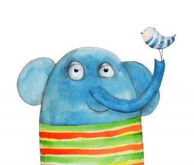 Sticker Blauer Elefant mit Vogel
