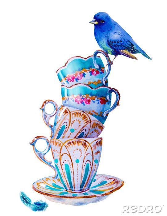 Sticker Blauer Vogel und Shabby-Chic-Tassen