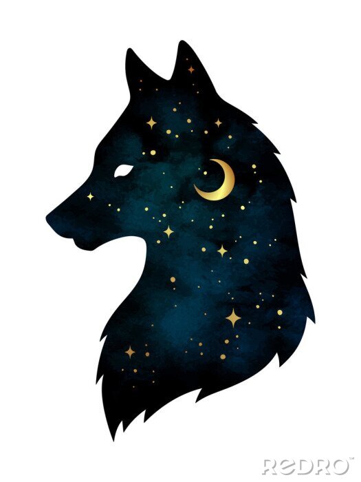 Sticker Blauer Wolf gelbe Sterne und Mond