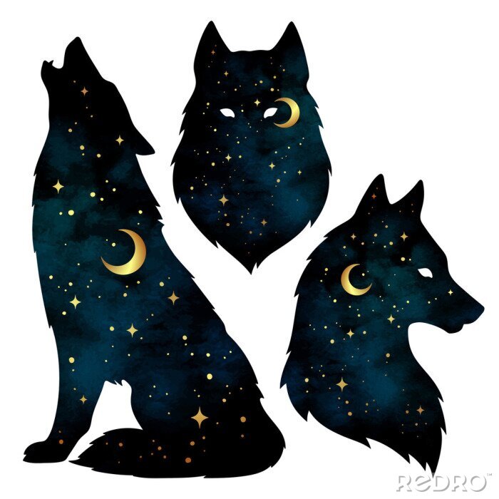 Sticker Blauer Wolf mit Sternen am Nachthimmel gefüllt