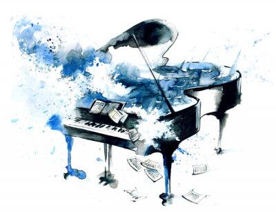 Blaues Klavier gemalt mit Aquarell