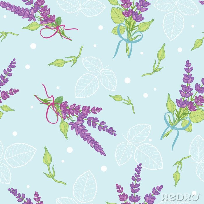 Sticker Blaues nahtloses Muster des Lavendelblumenstraußes. Retro- Hintergrund des schönen violetten Lavendels. Elegantes Gewebe auf hellem Hintergrund Oberflächenmusterdesign.