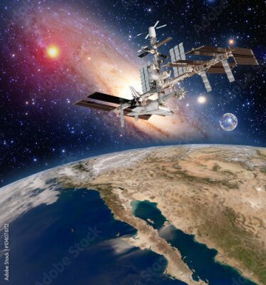 Fototapete Blick aus dem Weltraum auf die Erde und einen Satelliten