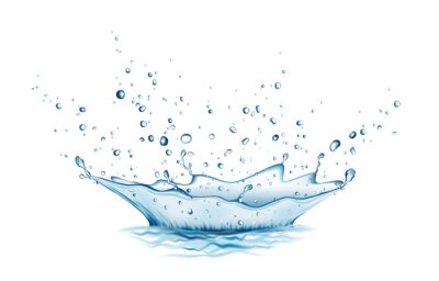 Sticker Blue water splash and drops isolated on white background.
