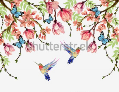 Sticker Blumen mit Schmetterlingen und Kolibris