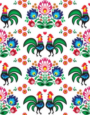 Sticker Blumen und Hähne auf weißem Grund im Łowicz-Stil