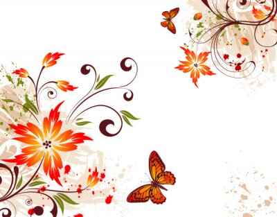 Sticker Blumen und Schmetterlinge auf einer Illustration