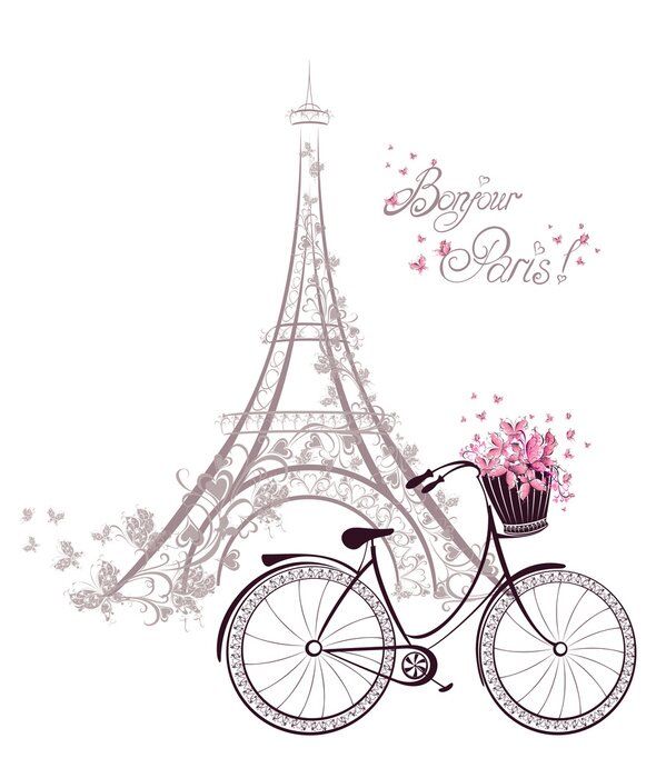 Sticker Bonjour Paris Text mit Eiffelturm und Fahrrad