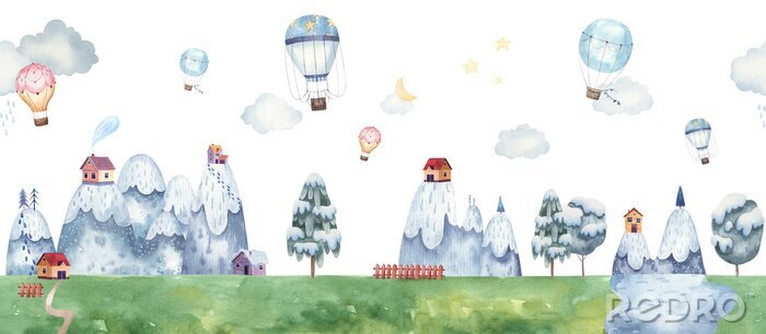 Sticker Border seamless pattern childrens illustration with balloons, mountain landscape, trees, forest, houses in the mountains, clouds, watercolor illustration pastel gentle colors