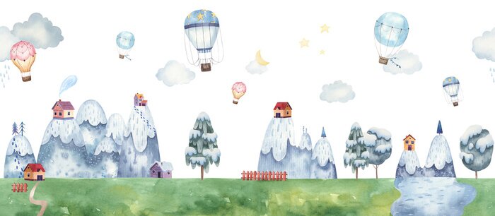 Sticker Border seamless pattern childrens illustration with balloons, mountain landscape, trees, forest, houses in the mountains, clouds, watercolor illustration pastel gentle colors