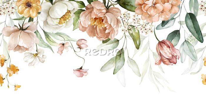 Sticker Bouquet border - green leaves and blush pink flowers on white background. Watercolor hand painted seamless border. Floral illustration. Foliage pattern.
