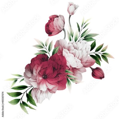 Sticker Bouquet of peonies, can be used as greeting card, invitation card for wedding, birthday and other holiday and  summer background. Watercolor illustration