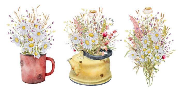 Sticker Bouquet of wild flowers in a teapot watercolor hand drawn illustration