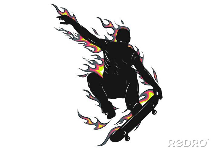 Sticker boy jumping with skateboard with flames behind