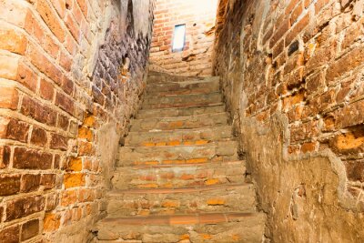 Sticker Brick staircase with stairs in old castle corridor