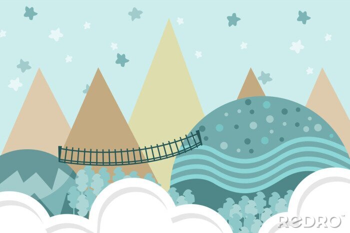 Sticker Brücke in einem märchenhaften skandinavischen Wald
