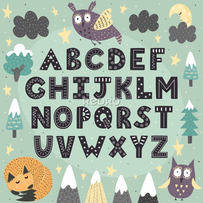 Sticker Buchstaben des Alphabets in einem fantastischen Wald