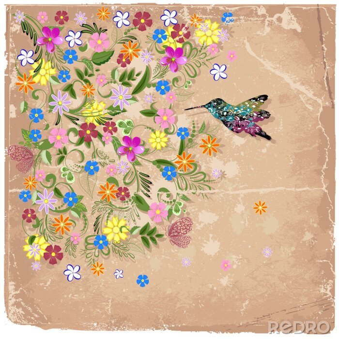 Sticker Bunte Blumen und Kolibri auf einem Retro-Hintergrund