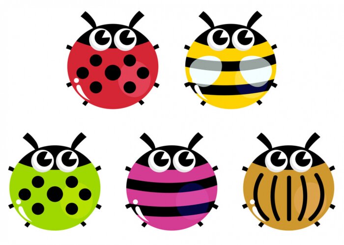 Sticker Bunte Cartoon Insekten gesetzt isoliert auf weiß