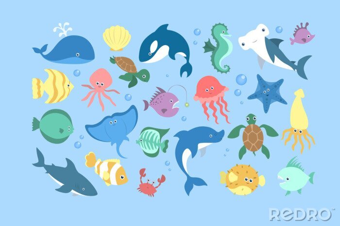 Sticker Bunte Fische im Ozean und Muscheln blauer Hintergrund