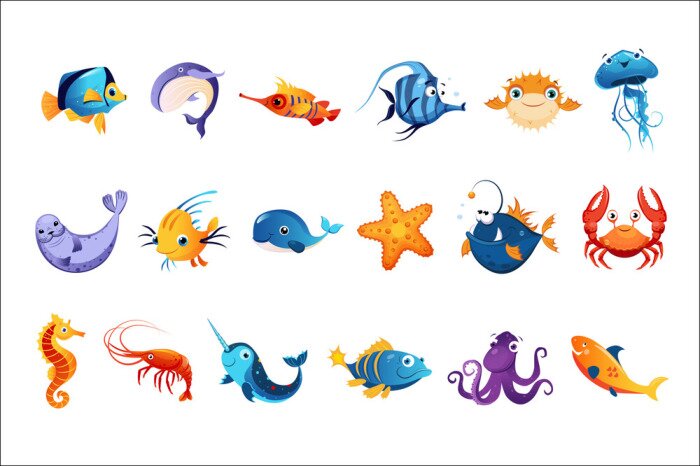 Sticker Bunte Fische und Seesterne in drei Reihen