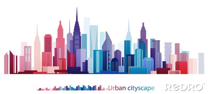 Sticker Bunte Gebäude und Stadt, Urban Cityscape, Zusammenfassung Stadt-Szene, Dämmerung in der Stadt