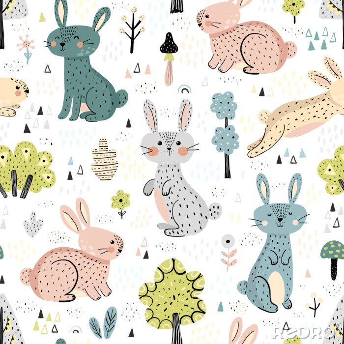 Sticker Bunte Kaninchen im skandinavischen Stil