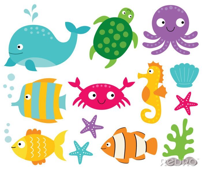 Sticker Bunte Kindergrafik mit Fischen und Muscheln