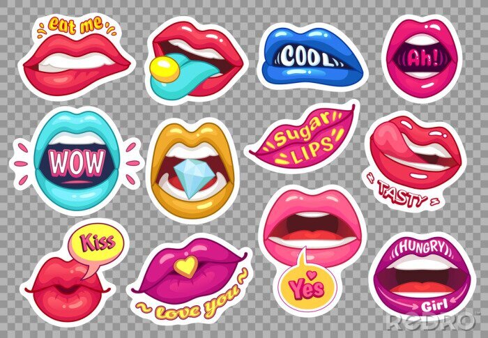 Sticker Bunte Lippen mit verschiedenen Aufschriften