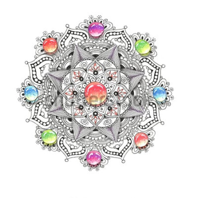 Sticker Bunte Mandala des Aquarells mit Juwelsteinen. Schönes Vintages rundes Muster. Hand gezeichneter abstrakter Hintergrund. Einladung, T-Shirt Druck, Hochzeitskarte. Dekor für Ihr Design im orientalischen
