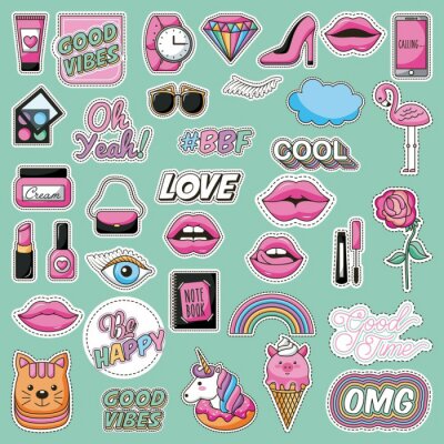 Sticker Bunte rosa Grafiken auf türkisfarbenem Hintergrund