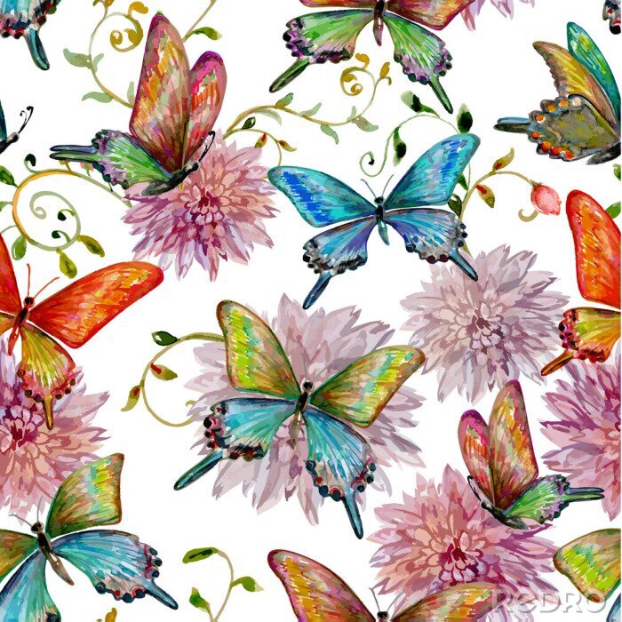 Sticker Bunte Schmetterlinge und rosa Blumen